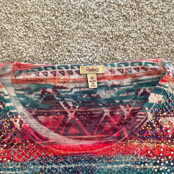 Y2K Boho Chic Embroidered Artsy Multicolor Rhinestone Stretchy Top - Picture 4 of 9